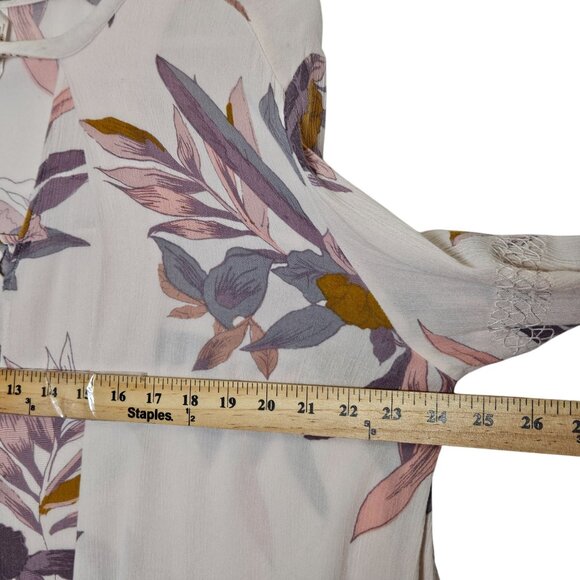 Free People Floral High-Low Tunic Blouse Pockets Flowy Gauzy Keyhole Neck Pink M - Picture 11 of 12